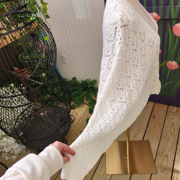 Vintage 80's - 90's White Cotton Oversized Dolman Sleeve Cardigan Sweater - Picture 14 of 15